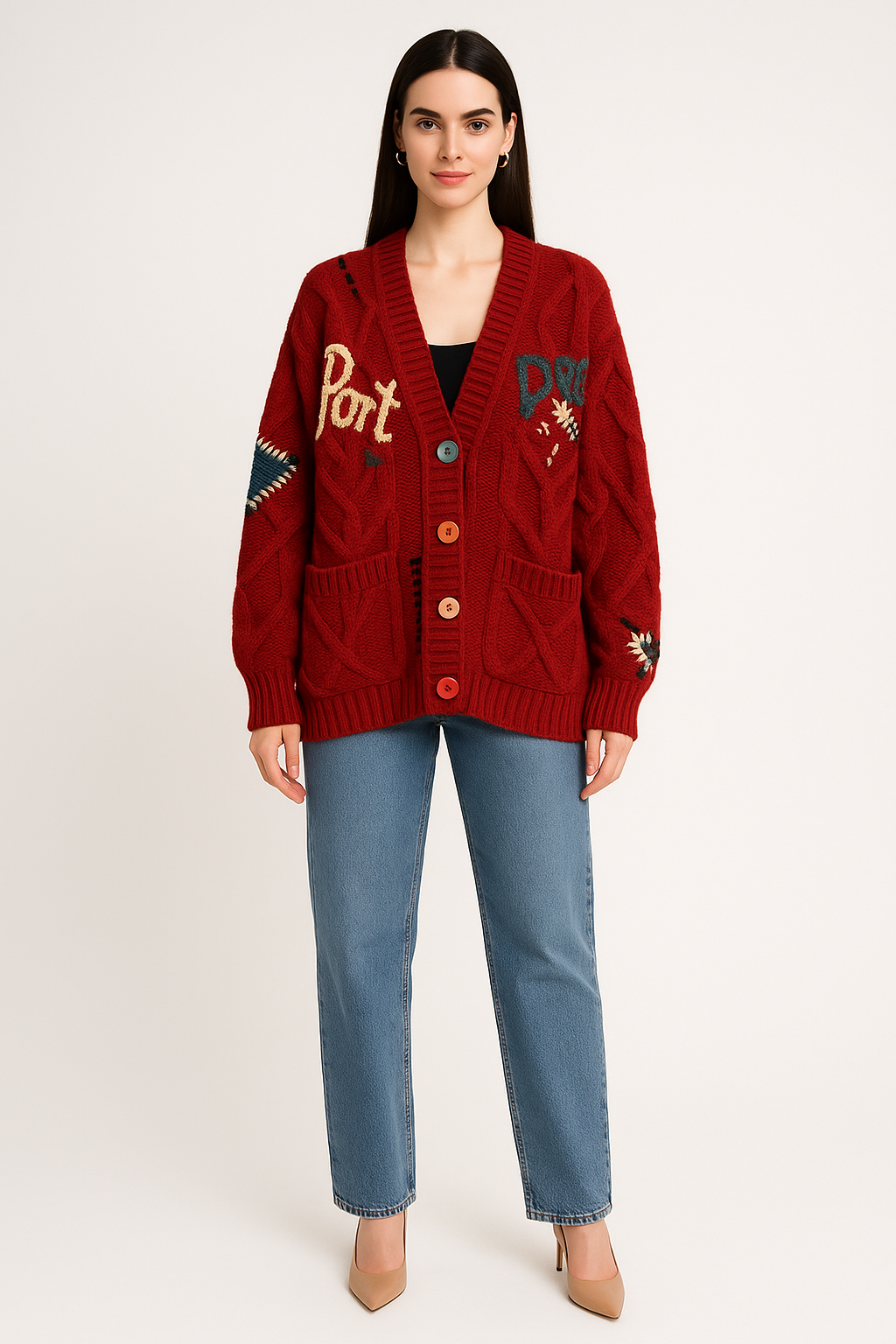 Women's Patchwork V-Neck Knit Cardigan