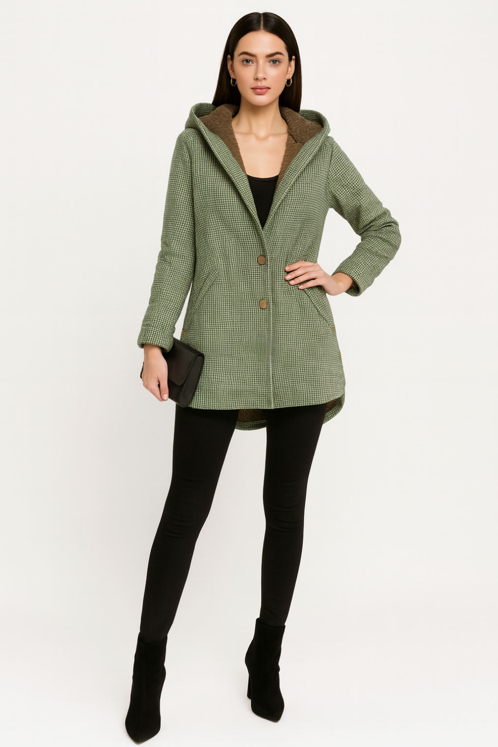 Women’s Checked Hooded Coat with Button Closure