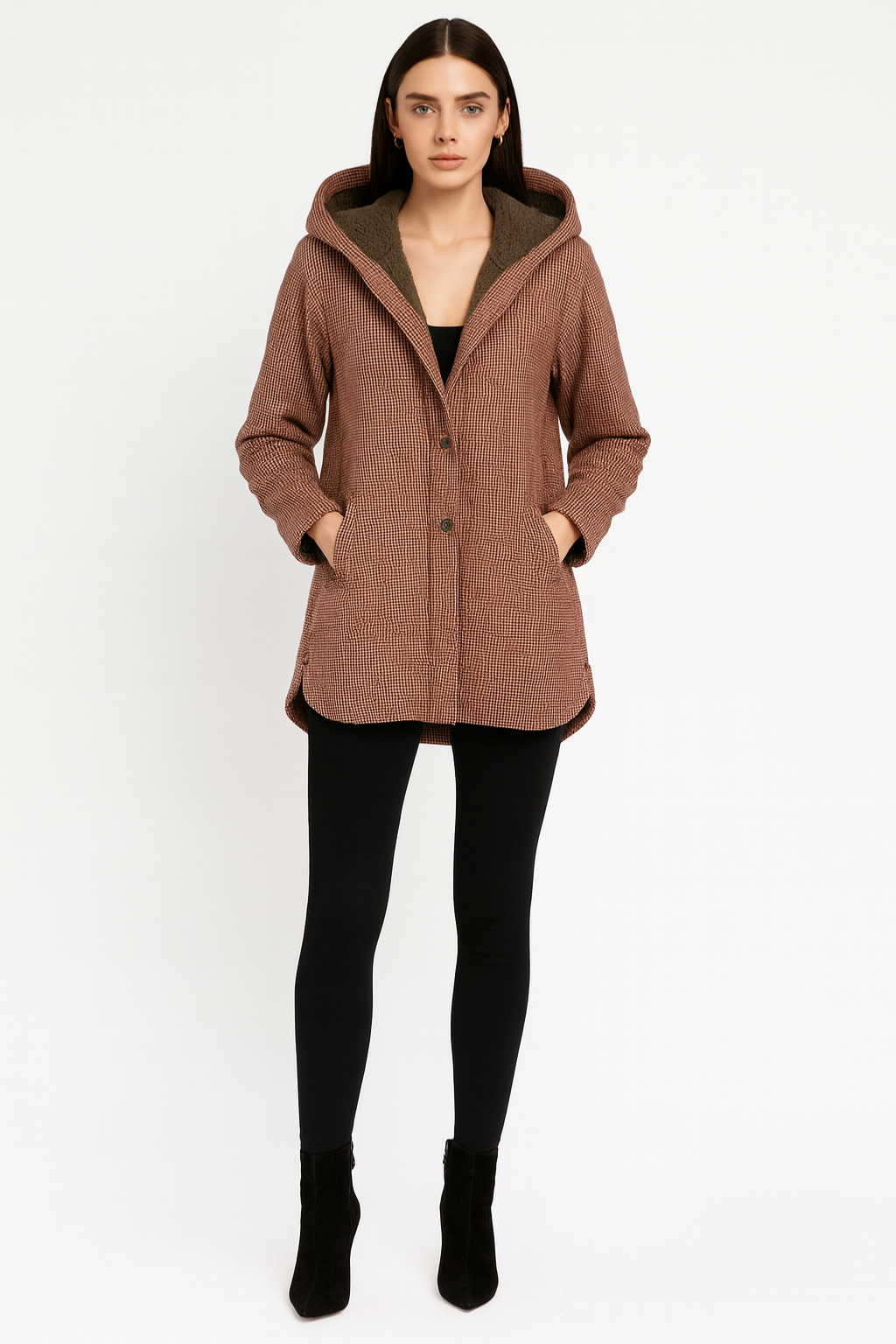 Women’s Checked Hooded Coat with Button Closure