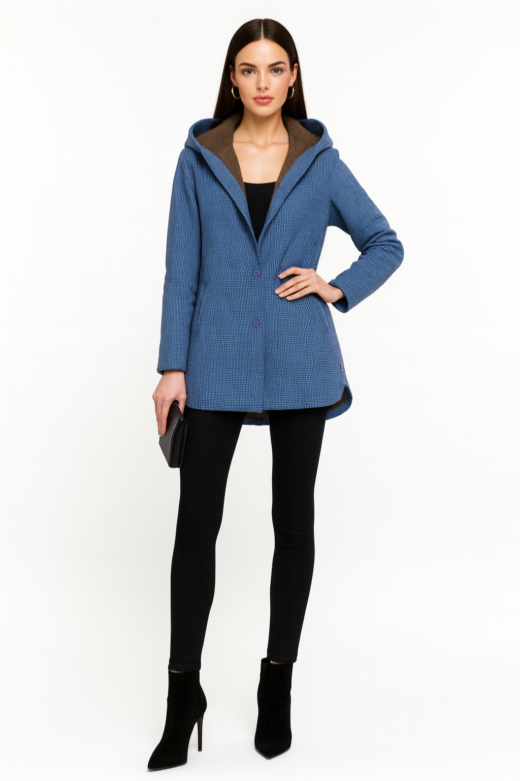 Women’s Checked Hooded Coat with Button Closure