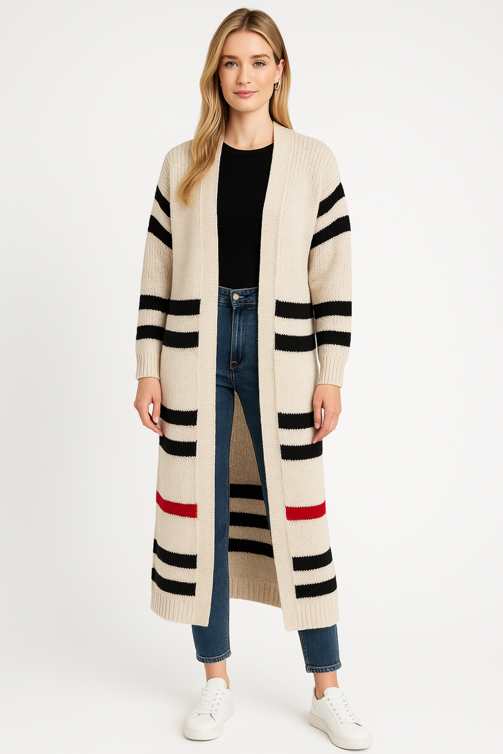 Women’s Long Knit Cardigan with Stripes