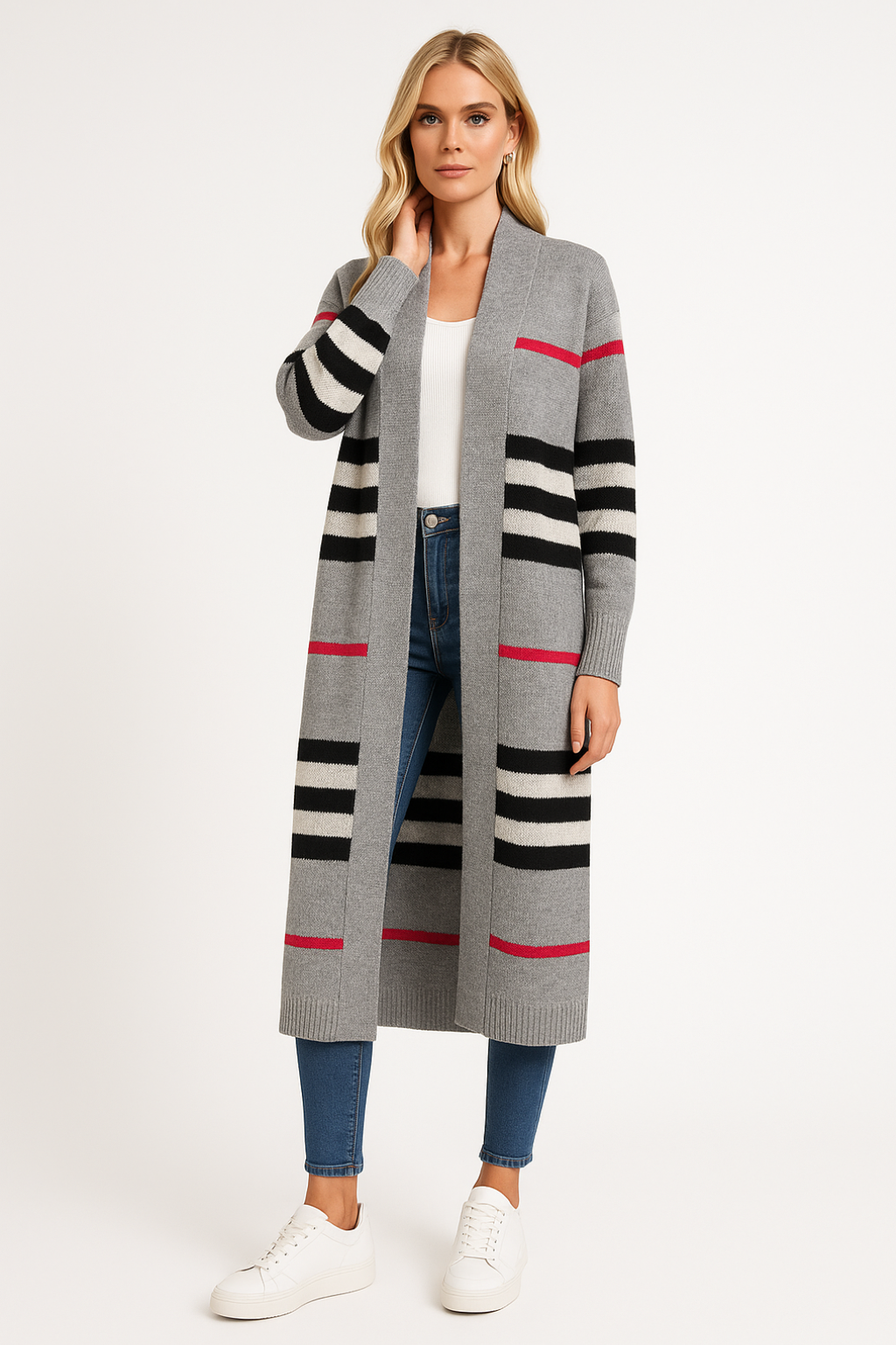 Women’s Long Knit Cardigan with Stripes