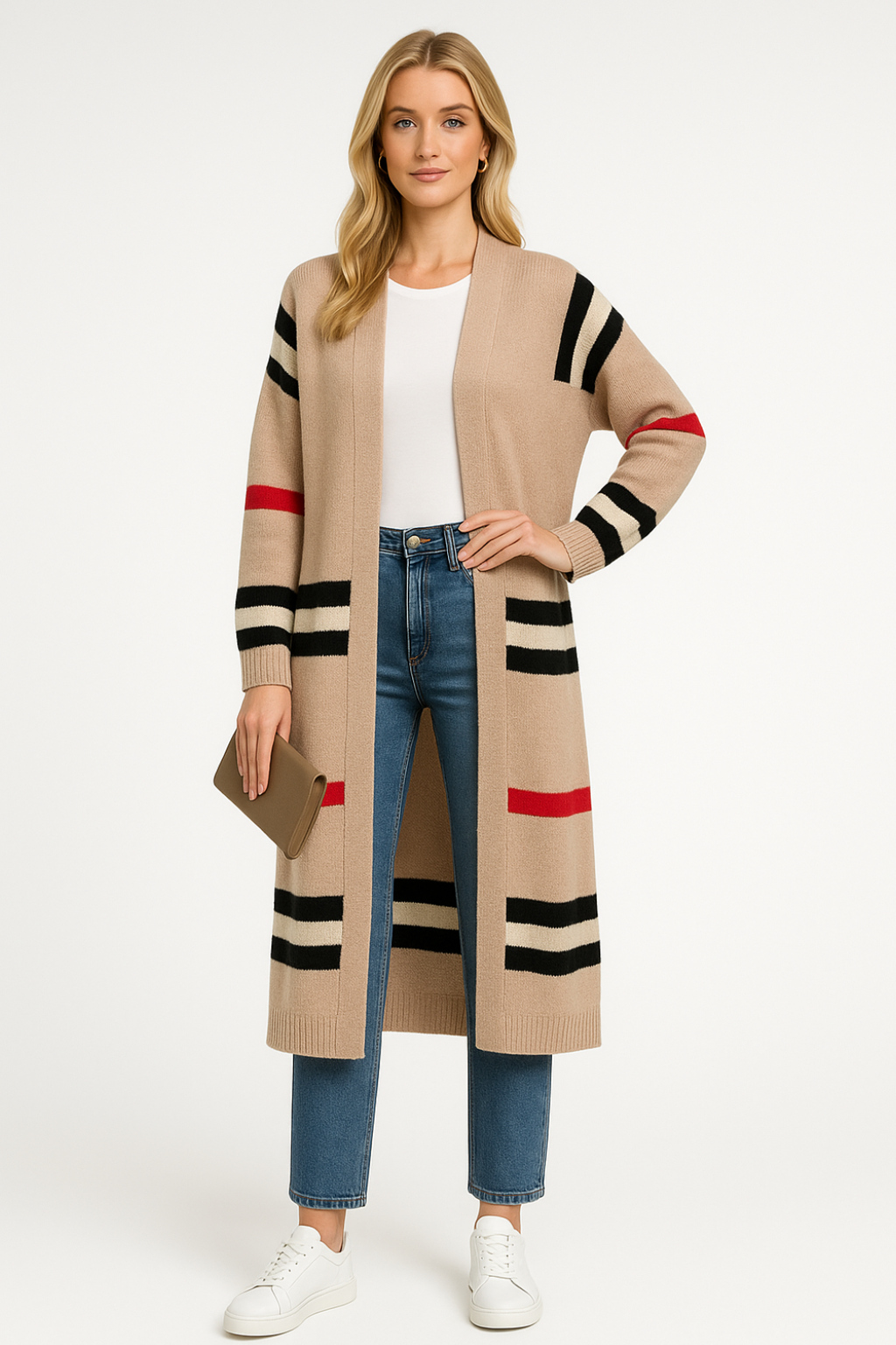 Women’s Long Knit Cardigan with Stripes