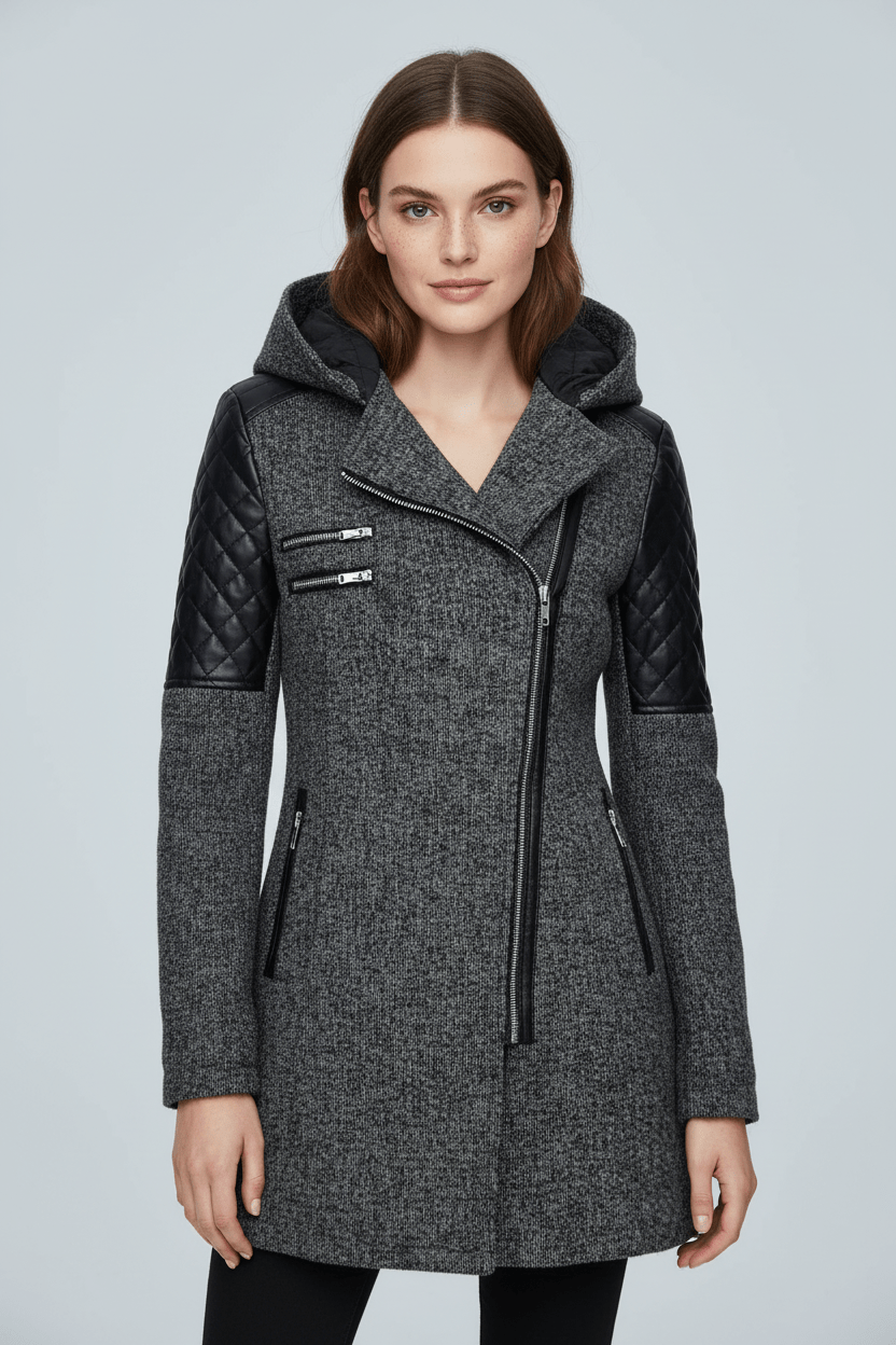 Annabel – Women’s Tailored Jacket with Quilted Sleeves & Asymmetrical Zip Hooded Design
