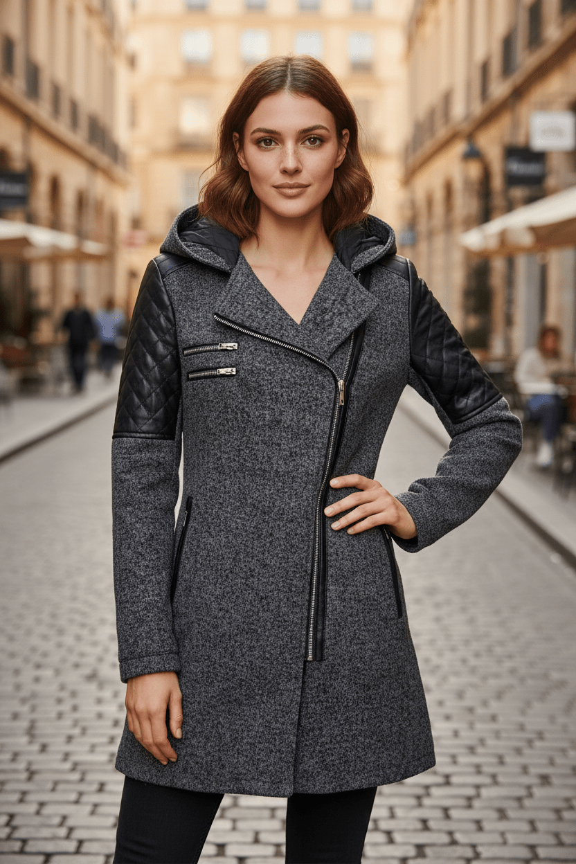 Annabel – Women’s Tailored Jacket with Quilted Sleeves & Asymmetrical Zip Hooded Design