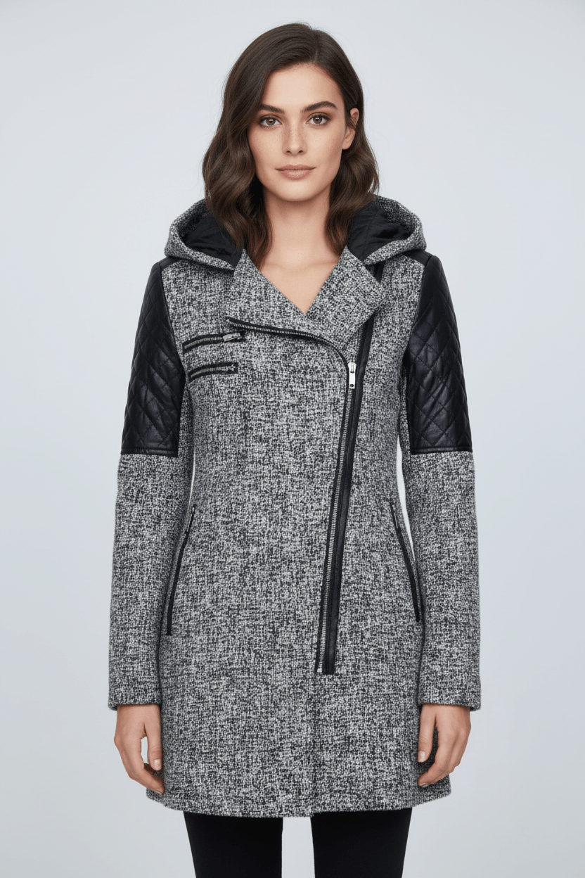 Annabel – Women’s Tailored Jacket with Quilted Sleeves & Asymmetrical Zip Hooded Design
