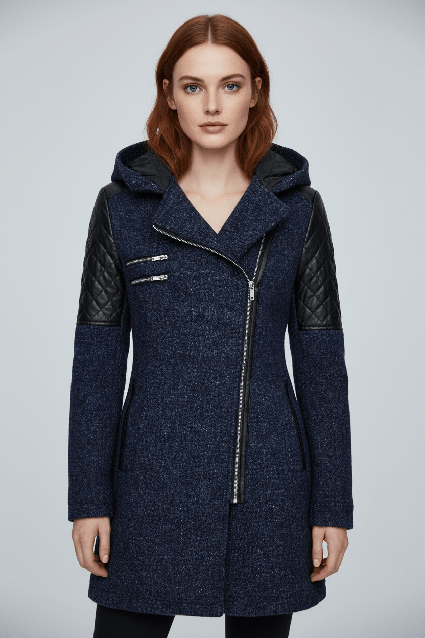 Annabel – Women’s Tailored Jacket with Quilted Sleeves & Asymmetrical Zip Hooded Design