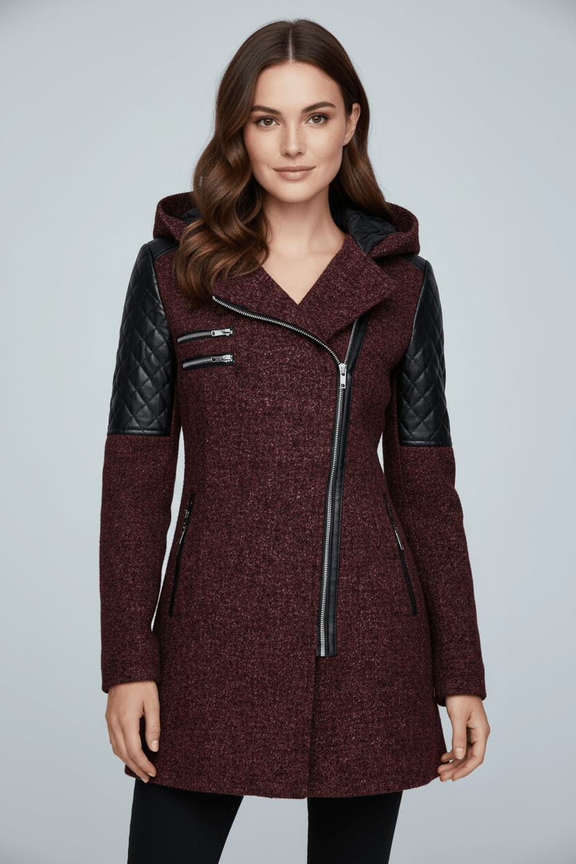 Annabel – Women’s Tailored Jacket with Quilted Sleeves & Asymmetrical Zip Hooded Design