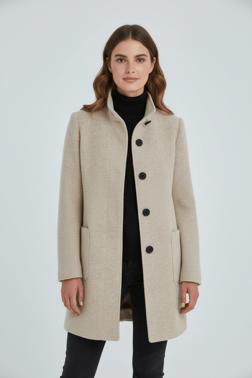 Elara – Women’s Wool Blend Coat with Stand Collar and Pockets