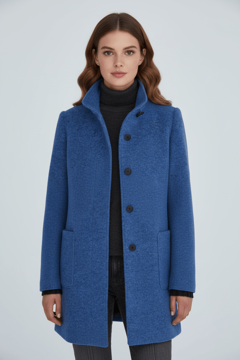 Elara – Women’s Wool Blend Coat with Stand Collar and Pockets