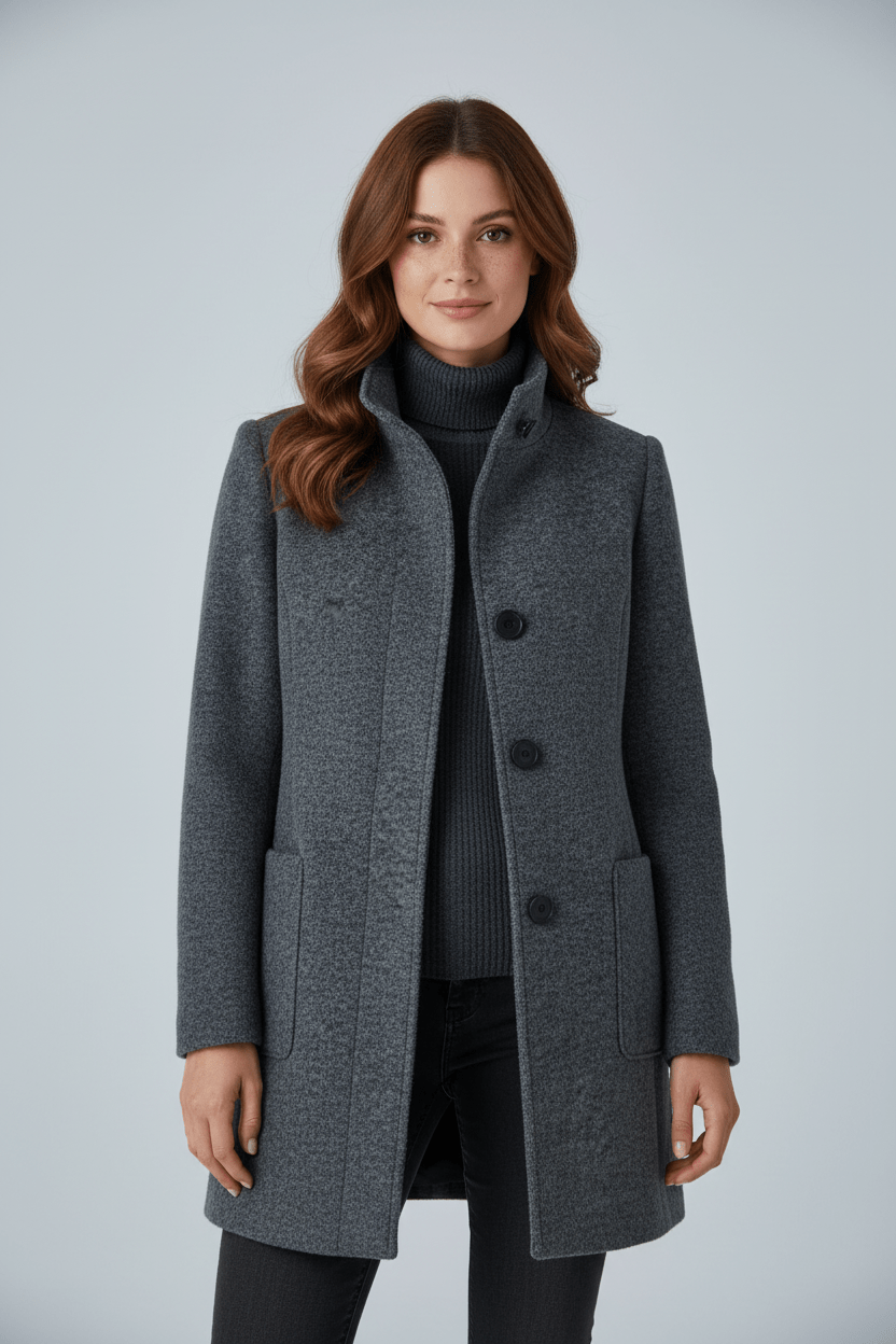 Elara – Women’s Wool Blend Coat with Stand Collar and Pockets