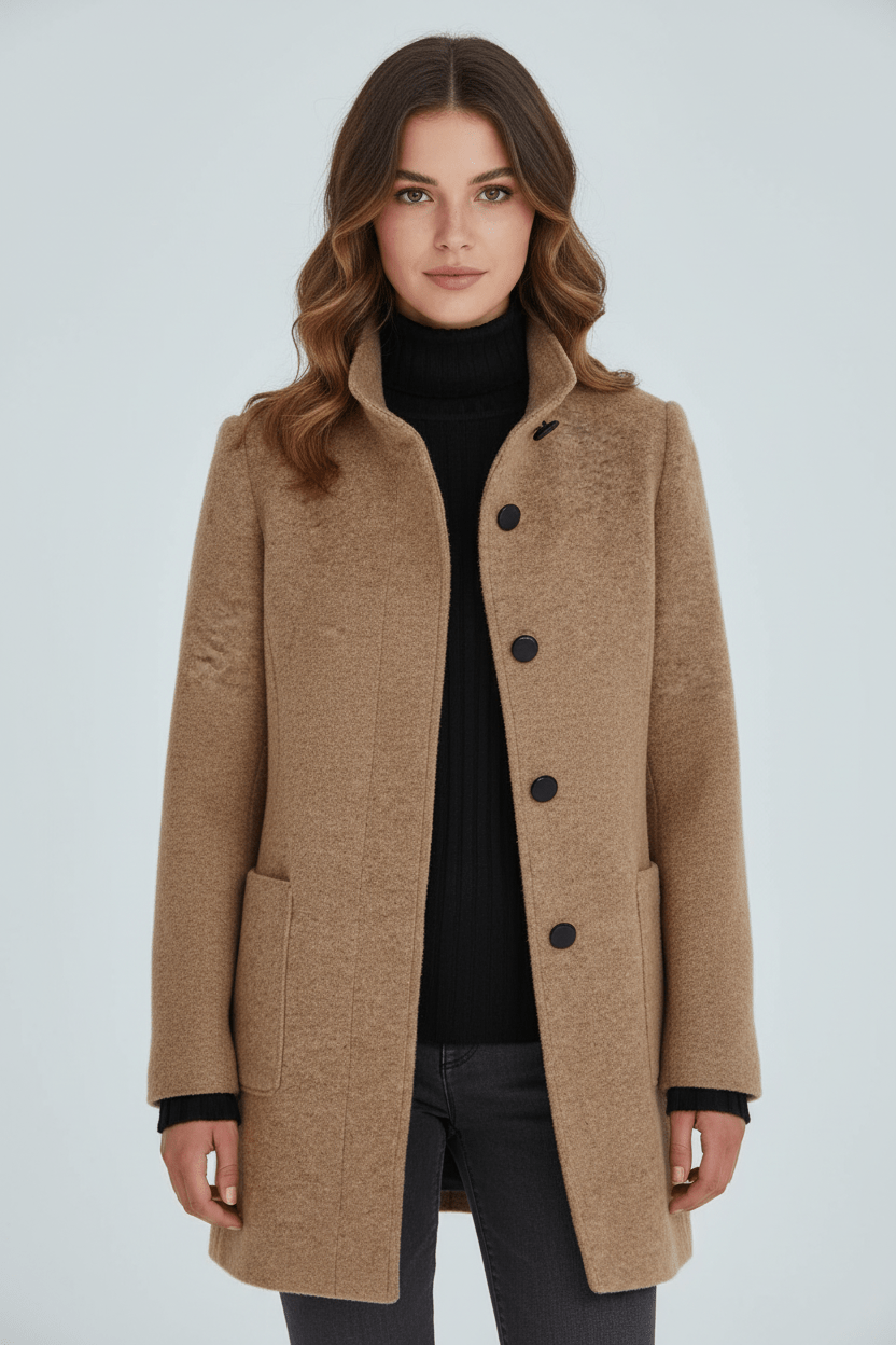Elara – Women’s Wool Blend Coat with Stand Collar and Pockets