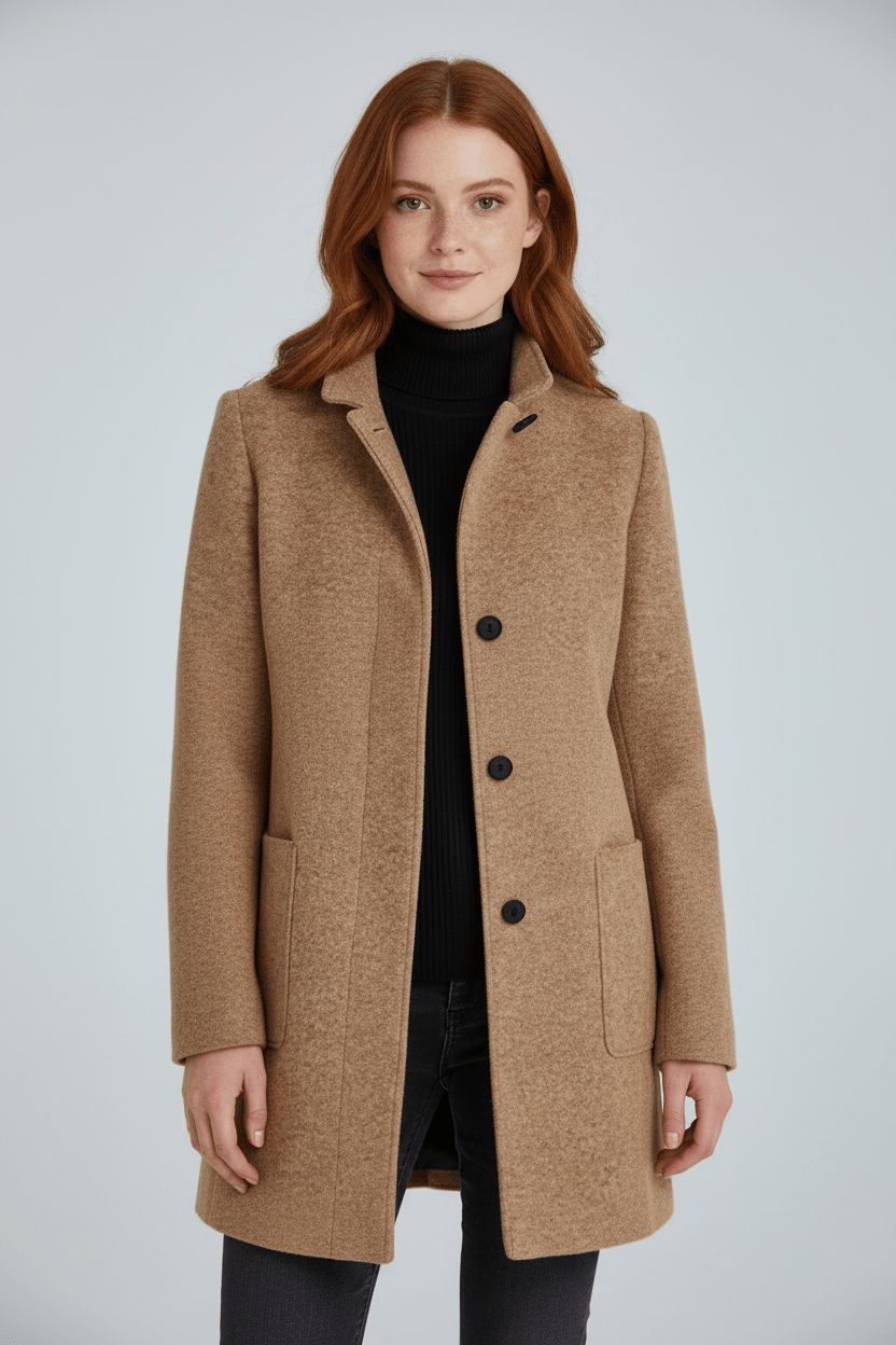 Elara – Women’s Wool Blend Coat with Stand Collar and Pockets