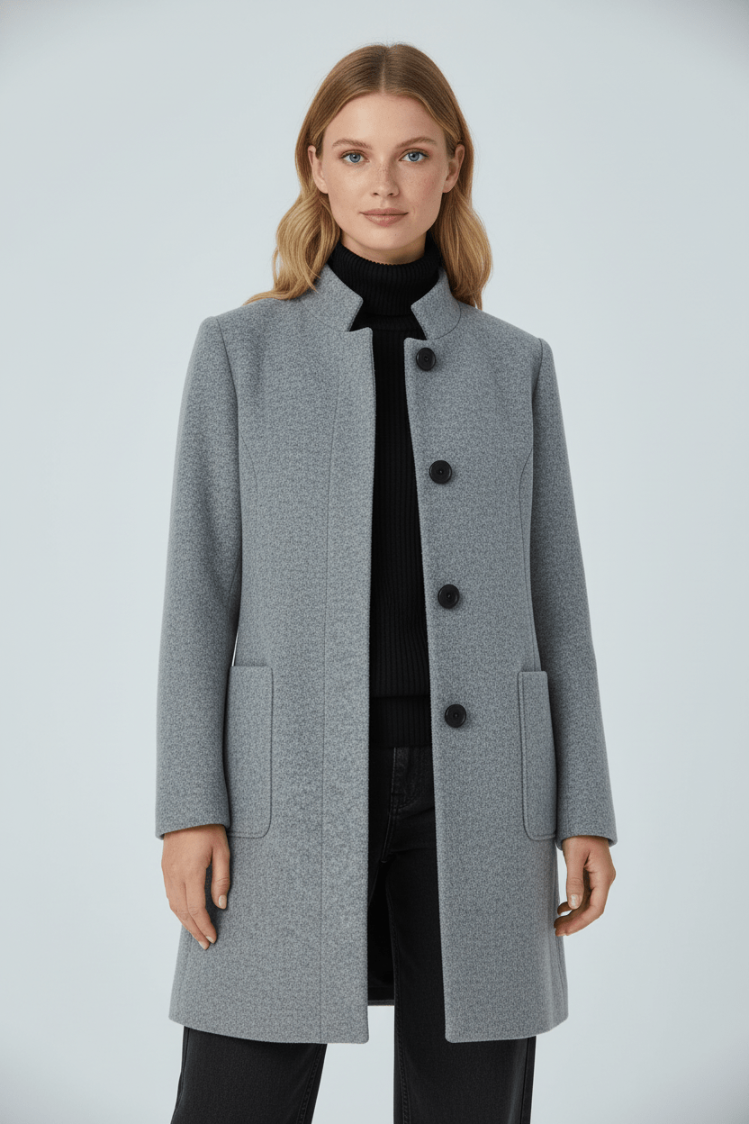 Elara – Women’s Wool Blend Coat with Stand Collar and Pockets