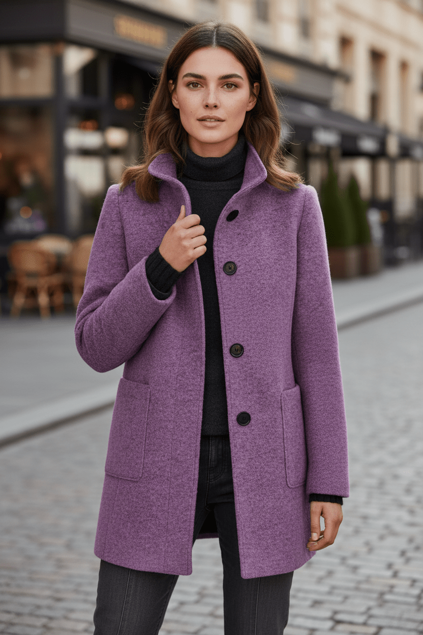 Elara – Women’s Wool Blend Coat with Stand Collar and Pockets