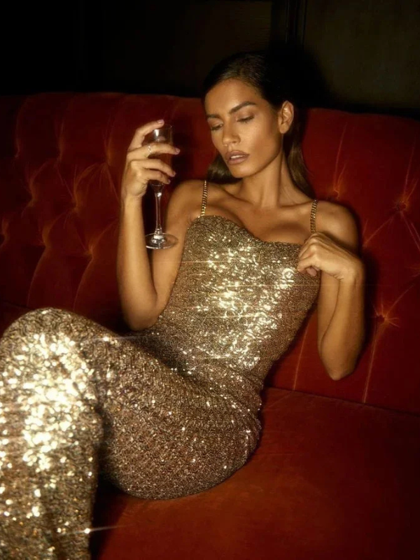 Maggie | Women’s Strapless Glitter Jumpsuit with Waist Belt